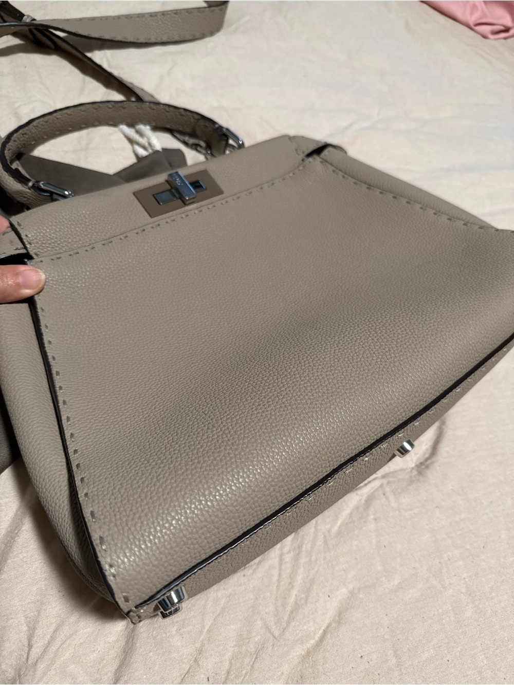 Fendi Peekaboo leather hand bag color gray top handle and crossbody strap . - Picture 3 of 10
